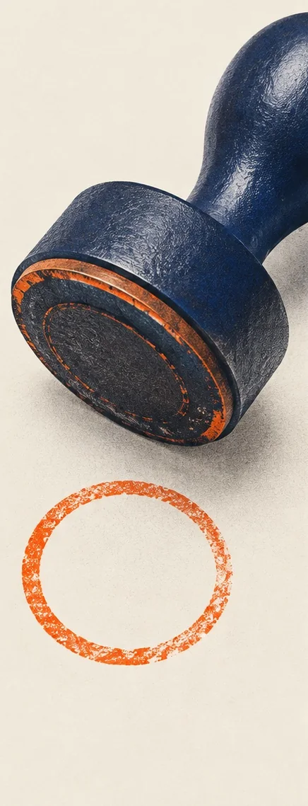 Sello de tinta azul junto a una marca circular naranja